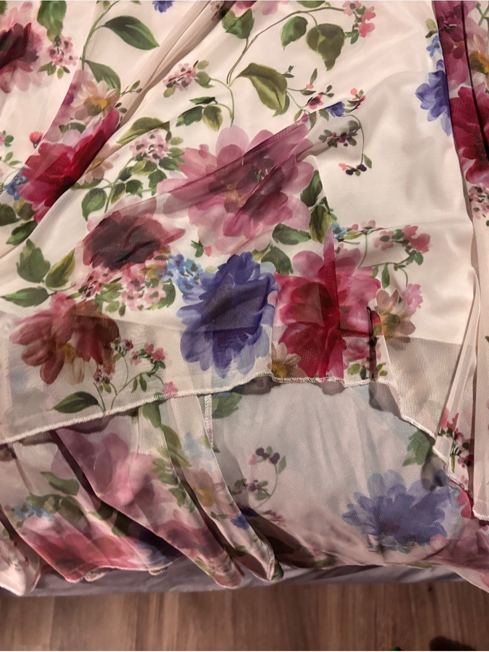 Scarlett Cream Floral High-Low Dress with Pink, Purple & Green Accents